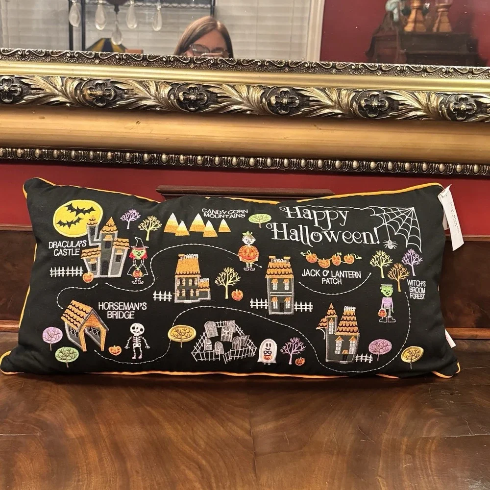 Isaac Mizrahi Halloween Pillow NWT Embroidered Spooky Village Lumbar Black